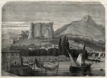 View of the forts of La Spezia in Italy. Engraving in 