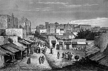 View of the main road of the fortified city of Tangier and the coast, Morocco. Engraving of the 19th century