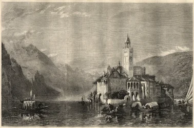 View of the monastery Mater Ecclesiae on the island of San Giulio on Lake Orta in Italy. Engraving after a painting by William Collingwood Smith (1815-1887). In 