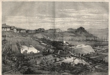View of the new docks built by the Italian government in the port of La Spezia. Engraving in 
