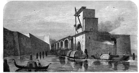 View of the old arsenal of the city of Venice, Italy. Engraving in L