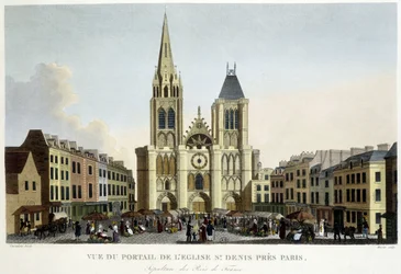 View of the portal of the church of St Denis, near Paris, burial of the kings of France, and market on the square - in “Paris par Courvoisier”