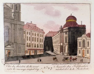 View of the theatre and courtyard towards the imperial manege in Vienna, Austria. Engraving from 1815