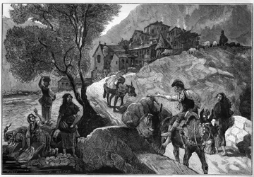 View of the village of Andorra la Vella of the Republic of Andorra and its inhabitants Andorrans. Engraving in 