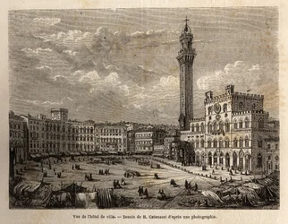 View of the town hall square of Siena, engraving to illustrate a voyage to Siena (Italy) in 1865, in 