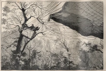 War of 1870: the descent of the balloon Armand Barbes with Leon Gambetta on board 7 October 1870 - Engraving In La Science francaise