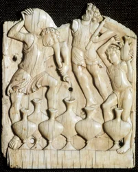 Wedding of Cana: the servants fill with water six jars that Jesus Christ will turn into wine (Carved ivory tablet, 11th century)