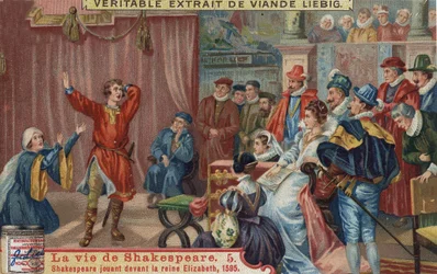 William Shakespeare performs before Queen Elizabeth I and her court.