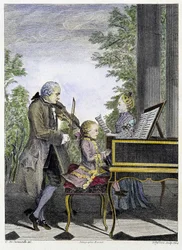 Wolfgang Amadeus Mozart child on piano surrounded by his father Leopold on violin and his sister Marianne on singing - engraving