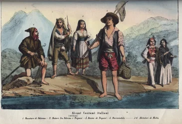 Women and men wearing traditional Sicilian costumes