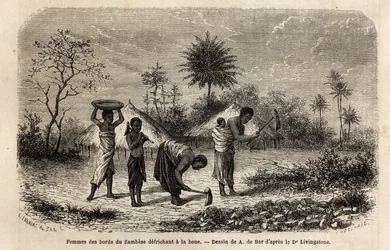 Women from the banks of the Zambeze defriching a hoe