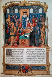 Writing a biography: Philippe de Comines dictates his memorials before Louis XI. Miniature taken from Memoires de Philippe de Comynes