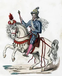 Equestrian portrait of King Henri IV of France in 1596 (1553-1610) from “The Civil and Military Costumes of the French through the Centuries”. Paris F. Roy 1882.