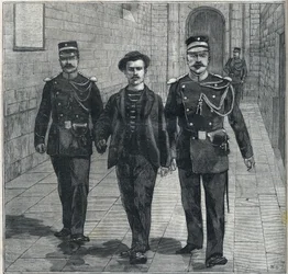 The Italian anarchist Luigi Luccheni (Lucheni), assassin of Empress Elisabeth of Austria (Sissi), brought before the Court of Justice in 1898.