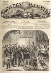 The visit of William, the king of Prussia, to Napoleon III, the emperor of the French, at Compiegne, France 1861 - Visit of William I of Prussia to Compiegne in presence of Napoleon III - Engraving from 