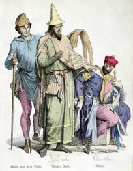 11th century costumes: The man with the stick, the rich Jew and the knight - engraving of the 19th century