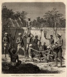A band of Indian jugglers. Engraving to illustrate the voyage in the meridional provinces of India, by Alfred Grandidier, in 1862-1864, published in le tour du monde, under the direction of Edouard Charton, Hachette, Paris 1869. Selva Collection
