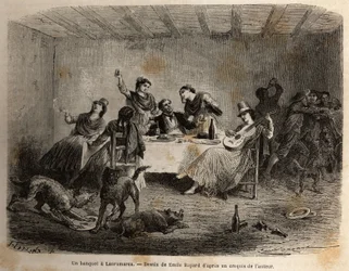 A banquet in Lauramarca (Lower Peru), a man surrounded by Indian women, is served and pampered, while, taking advantage of his distraction, his servants clash without his knowledge. Engraving to illustrate the voyage in the valleys of Quinquinas (Peru)