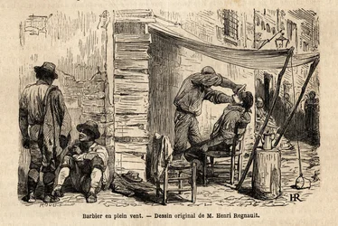 A Barber in the Wind in the Streets of Rome. Engraving to Illustrate the Voyage to Rome, by Francis Wey, in 1864-1868, Published in Le Tour du Monde, Nouveau Journal des Voyages