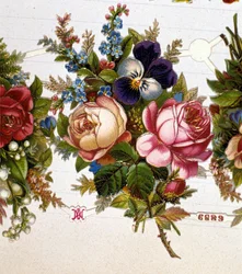 A bouquet mixed with roses, violets. 19th century chromolithography.
