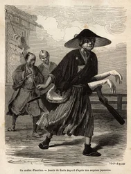 A fencing master, followed by two helpers who wear his material, the master slides his white gloves over the sleeves of his swords. Engraving to illustrate the voyage to Japan, in 1863-1864, by Aime Humbert, minister of the Swiss Confederation, in 