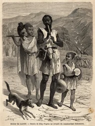 A flute player, accompanied by a small drummer and a monkey show; the two sheep heads hanging from the belt of the band leader will be their dinner. Engraving to illustrate the excursion to the great Kabylie, between the Mediterranean and the Djurjura, in 