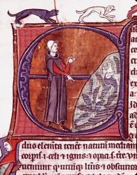 A monk in front of a pond, a siren is represented among the fish. Miniature from the manuscript 