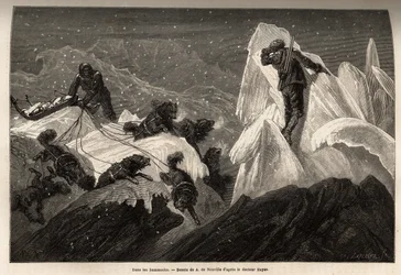 A Sleigh and Its Crew Lost in the Hummocks. Engraving to Illustrate the Voyage to the Free Sea of the Arctic Pole, by Doctor Hayes, Surgeon of the United States Navy, in 1860-1862, Published in Le Tour du Monde, Nouveau Journal des Voyages