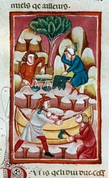 A trader using a scale, a blacksmith striking on an anvil, two workers working on a boat in a shipyard