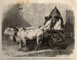 A travel tank fired by two white oxen, for ladies or Hindus wealthy. Engraving to illustrate the voyage in the meridional provinces of India, by Alfred Grandidier, in 1862-1864, published in le tour du monde, under the direction of Edouard Charton