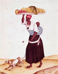 A traveling fruit merchant in Brazil, she carries her child behind her back