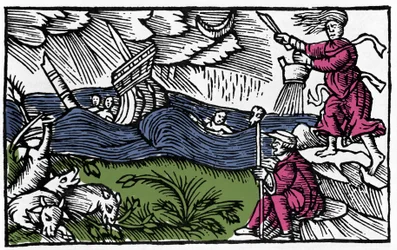 A witch causes a storm after Historia de gentis septentrionalibus by Olaus Magnus, Rome 1555