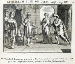 Abimelech gives Sarah to Abraham - Bible, engraving