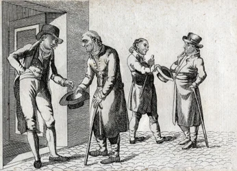 Amone. Beggars tending hats to accommodate coins