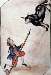 An Indian pointing from his spear a bull, from the book "Trujillo del Peru" or "Codex Martínez Compañón", by Baltazar Martinez Compañón y Bujanda, bishop of Trujillo (1782-1785)