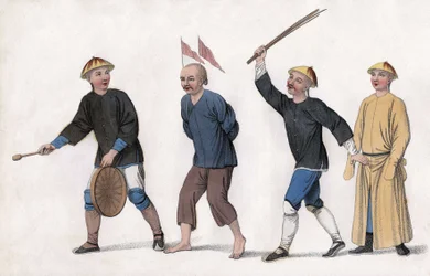 An indictment is taken to court. To attract public attention, red flags are fixed on his head and a man rings the gong. Engraving, in 