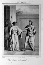 Antigone Act I, scene 3. Italian tragedy by Vittorio Alfieri written in 1783 after Greek mythology. Engraving of the 18th century