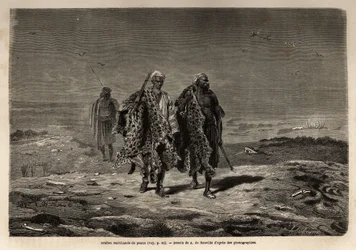 Arab bedouins, panther skins and sheep wool merchants, en route to the market of Baghdad (Iraq). Engraving to illustrate the voyage in Babylon, in 1866, by Guillaume Lejean, in 