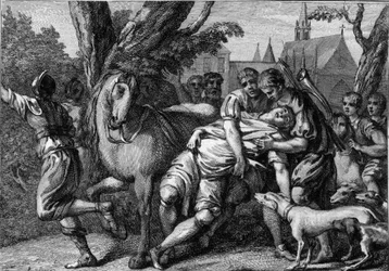 Assassination of Chilperic I (539-584), King of Neustria, sponsored by his wife, Queen Fredegonde (ca. 545-597), 584. Engraving of the 18th century