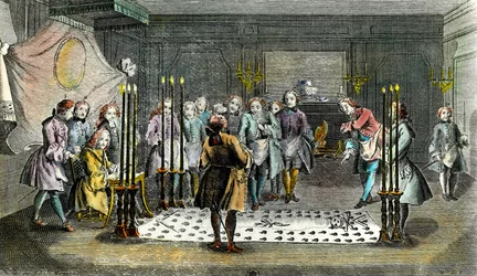 Assembly of Freemasons for the reception of masters Engraving around 1750 Private Collection