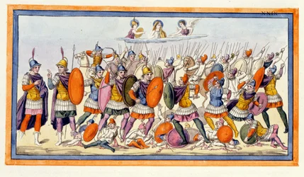 Athena and Hera support the Trojans in their fight against the Greeks. The Iliad, Chant VIII, engraving from the end of the 18th century