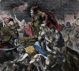 Battle of the Catalaunian Fields, where the Romans, the Franks and Visigoths reunited put the Huns of Attila and the Ostrogoths near Troyes, Dawn - Barbarian Invasions