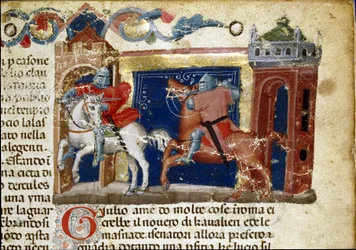 Battle scene, two knights in armor confronting each other (detail)