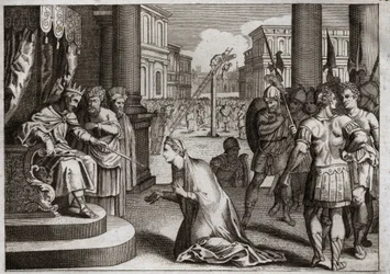 Bible of Royaumont, Old Testament: Punishment of Haman. Xerxes I hangs Haman from the gallows he had prepared for Mordecai, and retracts the Death Edict which he had published throughout his kingdom against the Jews. Illustration from 1811.