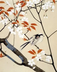 Bird and Cherry Tree in Bloom - Japanese Drawing by Riou Chim, Late 19th Century