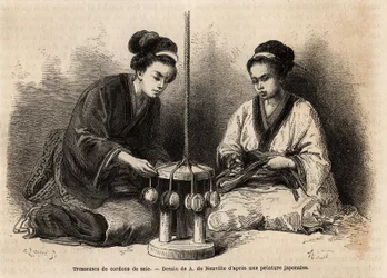 Braiders of silk cords, in their workshop in Yedo (or Edo, present-day Tokyo); these braids are very extended since they are used to arrange and maintain military and civilian costumes (the Japanese ignore the button and the clip to tie the clothes). Engra