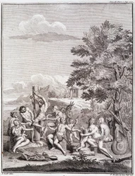 Captives sacrificed by the Antis, in Peru - in “Historical Journey of South America done by Order of the King of Spain” by Don Georges Juan & Don Antoine de Ulloa, T.II, ed. Jombert, Librairie du Roi, Paris