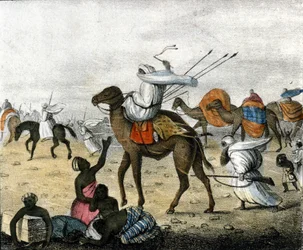 Caravan in the desert in Morocco during a windstorm