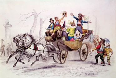 Carnival. Revelers in Disguise on a Carriage. Engraving from 1846. Paris, Carnival Museum