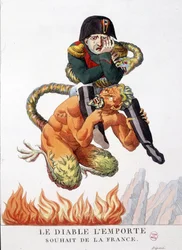 Cartoon about Napoleon Bonaparte carried by the devil: May the devil prevail the wish of France